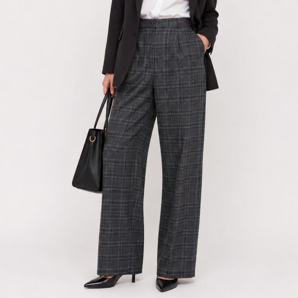 Eileen Fisher Wide-Leg Wool Pants Womens Size XS Gray Plaid Pull-On Career Work